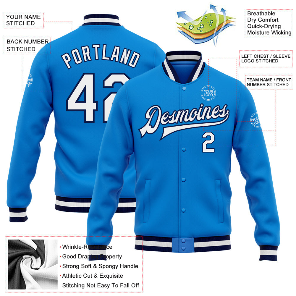 Custom Powder Blue White-Navy Bomber Full-Snap Varsity Letterman Jacket view 5