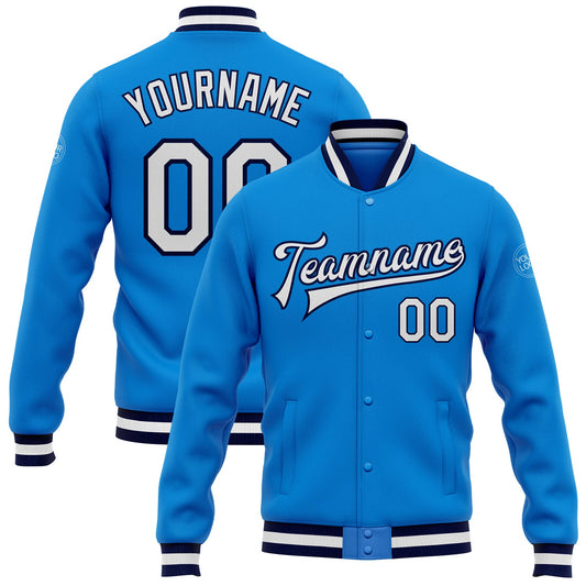 Custom Powder Blue White-Navy Bomber Full-Snap Varsity Letterman Jacket - Main View