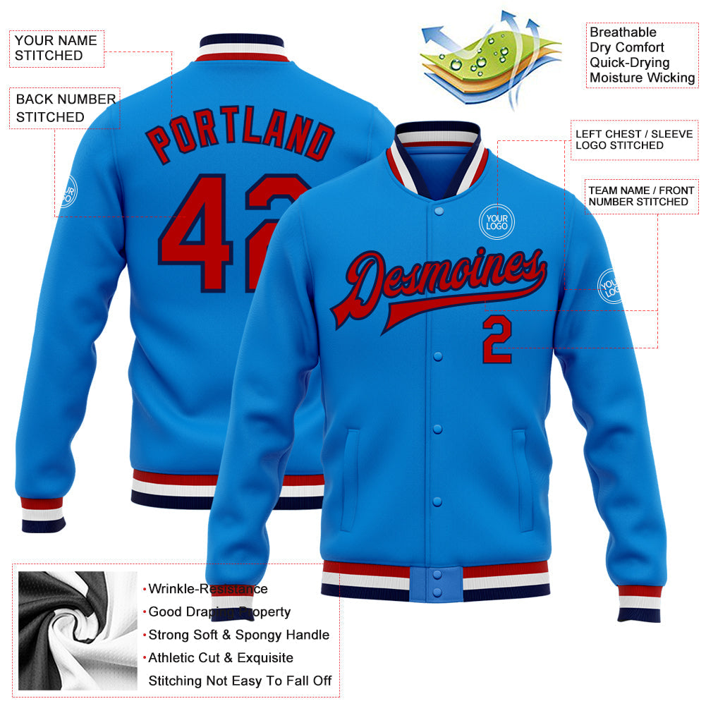 Custom Powder Blue Red-Navy Bomber Full-Snap Varsity Letterman Jacket view 5