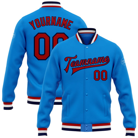 Custom Powder Blue Red-Navy Bomber Full-Snap Varsity Letterman Jacket - Main View