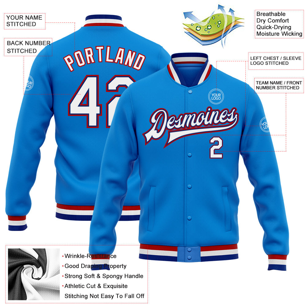 Custom Powder Blue White Royal-Red Bomber Full-Snap Varsity Letterman Jacket view 5