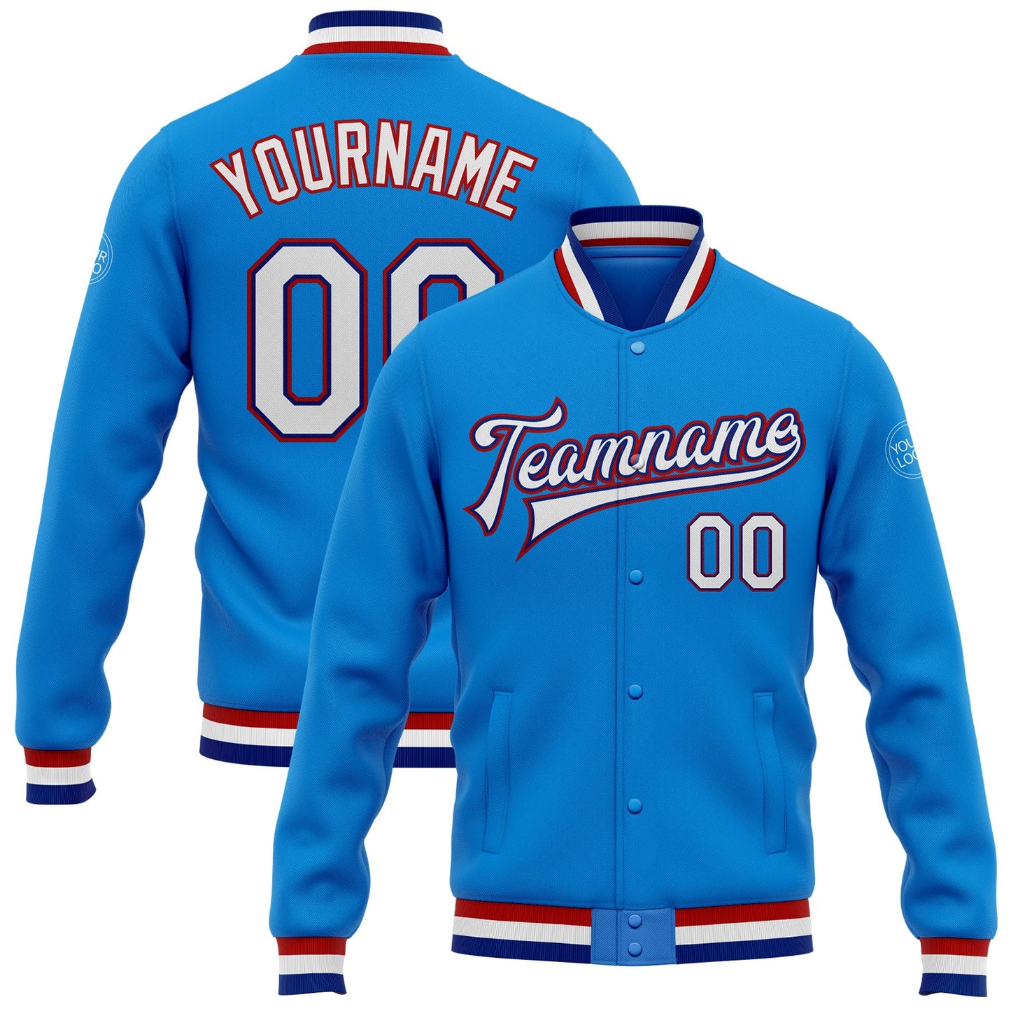 Custom Powder Blue White Royal-Red Bomber Full-Snap Varsity Letterman Jacket - Main View