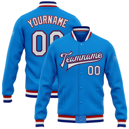 Custom Powder Blue White Royal-Red Bomber Full-Snap Varsity Letterman Jacket - Main View