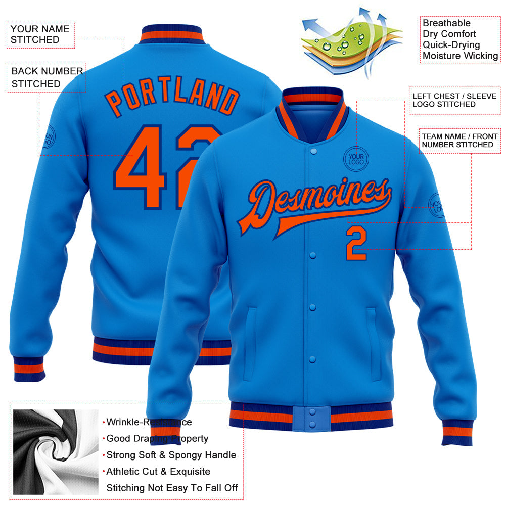 Custom Powder Blue Orange-Royal Bomber Full-Snap Varsity Letterman Jacket view 5