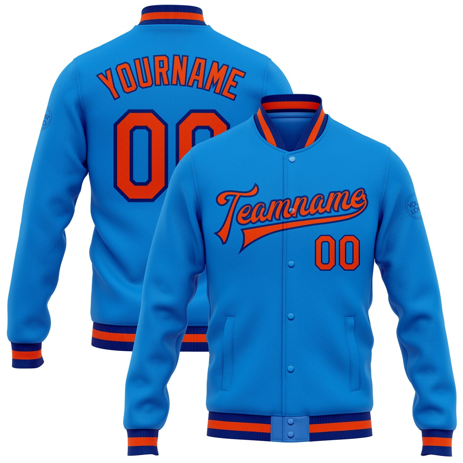Custom Powder Blue Orange-Royal Bomber Full-Snap Varsity Letterman Jacket - Main View