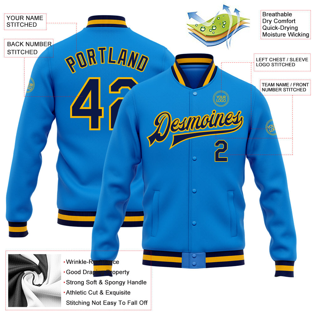 Custom Powder Blue Navy-Gold Bomber Full-Snap Varsity Letterman Jacket view 5