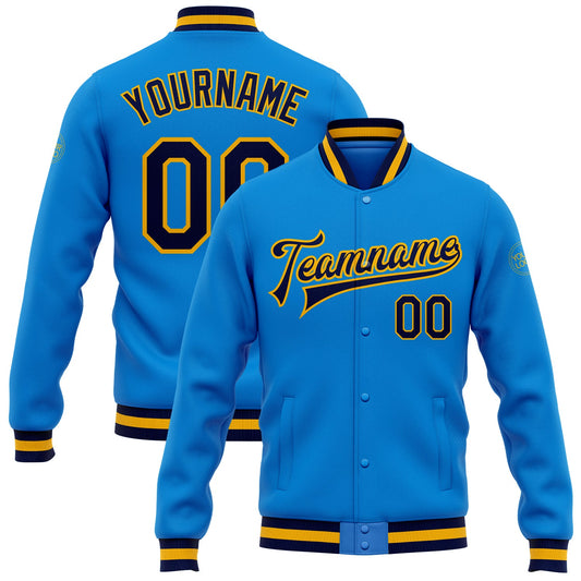 Custom Powder Blue Navy-Gold Bomber Full-Snap Varsity Letterman Jacket - Main View