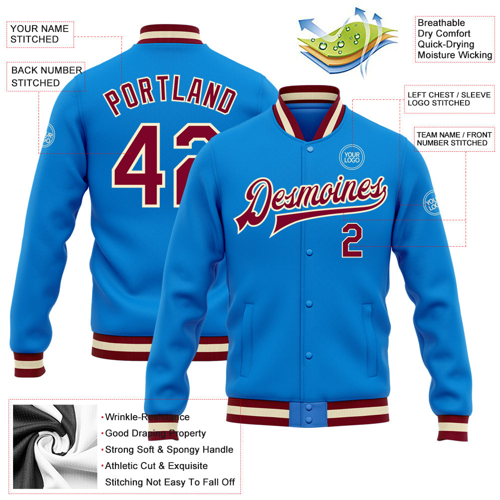 Custom Powder Blue Maroon-Cream Bomber Full-Snap Varsity Letterman Jacket view 5
