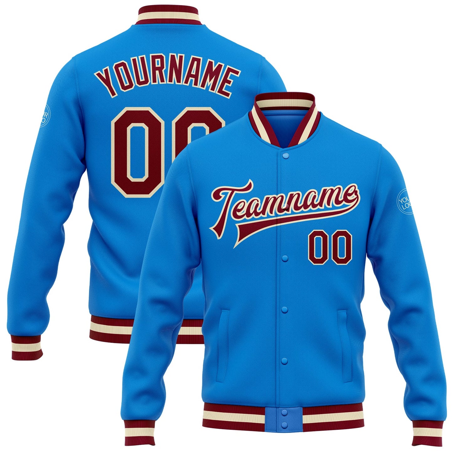 Custom Powder Blue Maroon-Cream Bomber Full-Snap Varsity Letterman Jacket - Main View