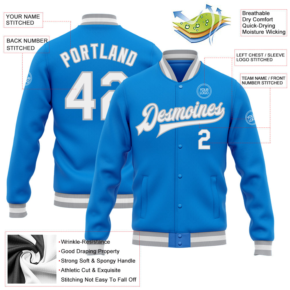 Custom Powder Blue White-Gray Bomber Full-Snap Varsity Letterman Jacket view 5