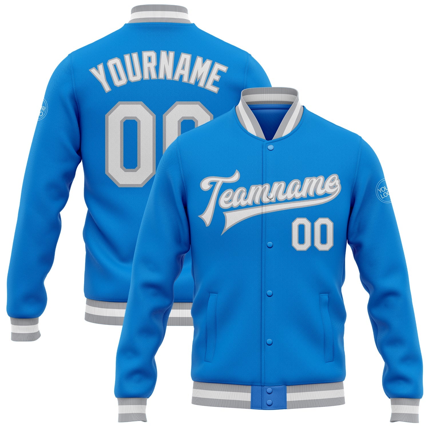 Custom Powder Blue White-Gray Bomber Full-Snap Varsity Letterman Jacket - Main View