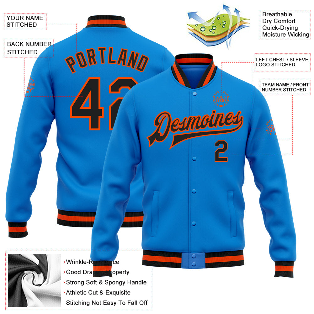 Custom Powder Blue Black-Orange Bomber Full-Snap Varsity Letterman Jacket view 5