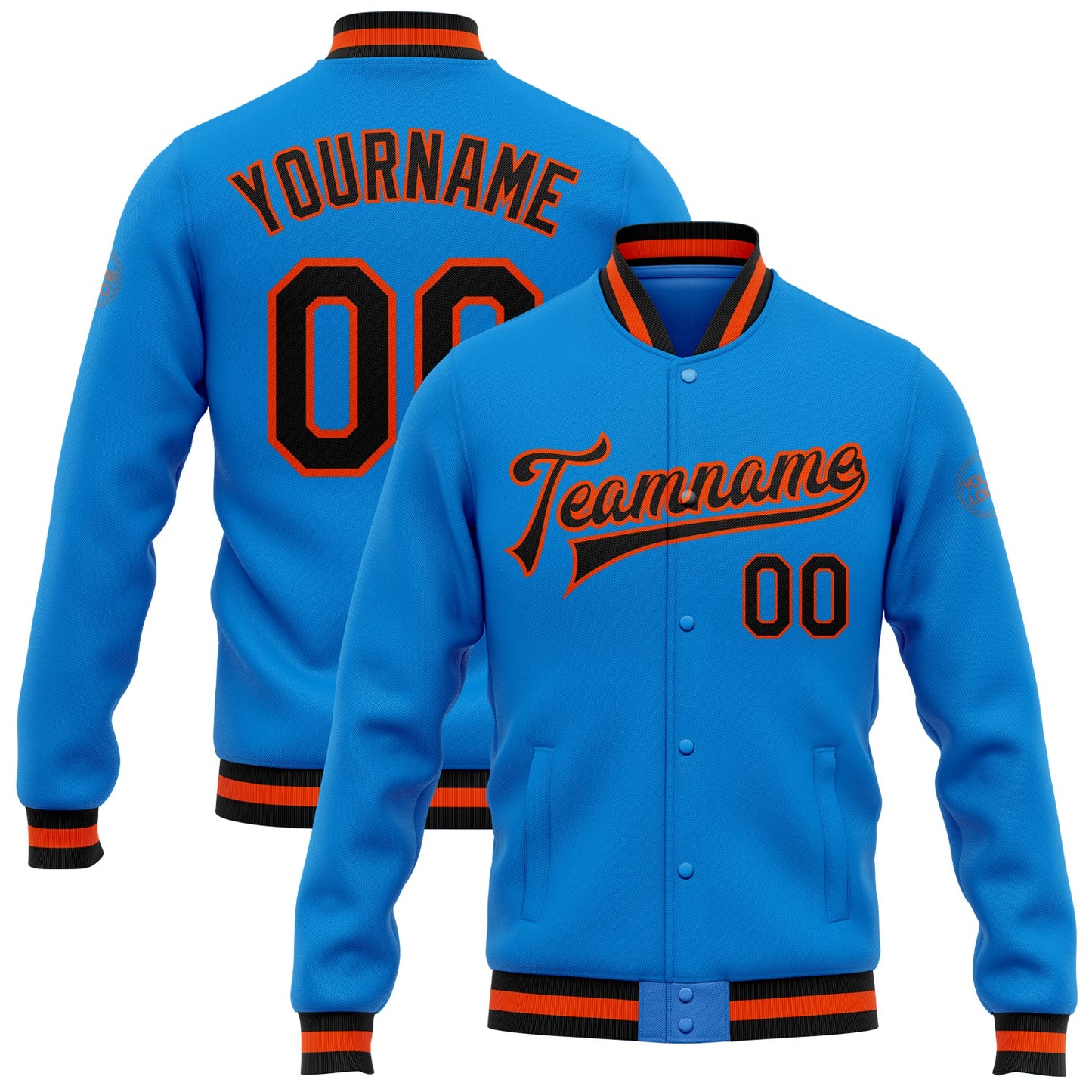 Custom Powder Blue Black-Orange Bomber Full-Snap Varsity Letterman Jacket - Main View
