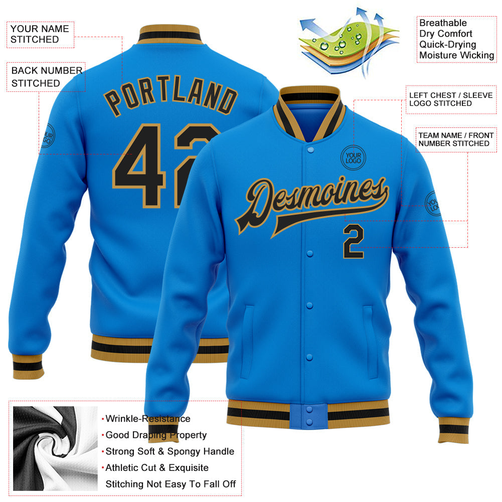 Custom Powder Blue Black-Old Gold Bomber Full-Snap Varsity Letterman Jacket view 5