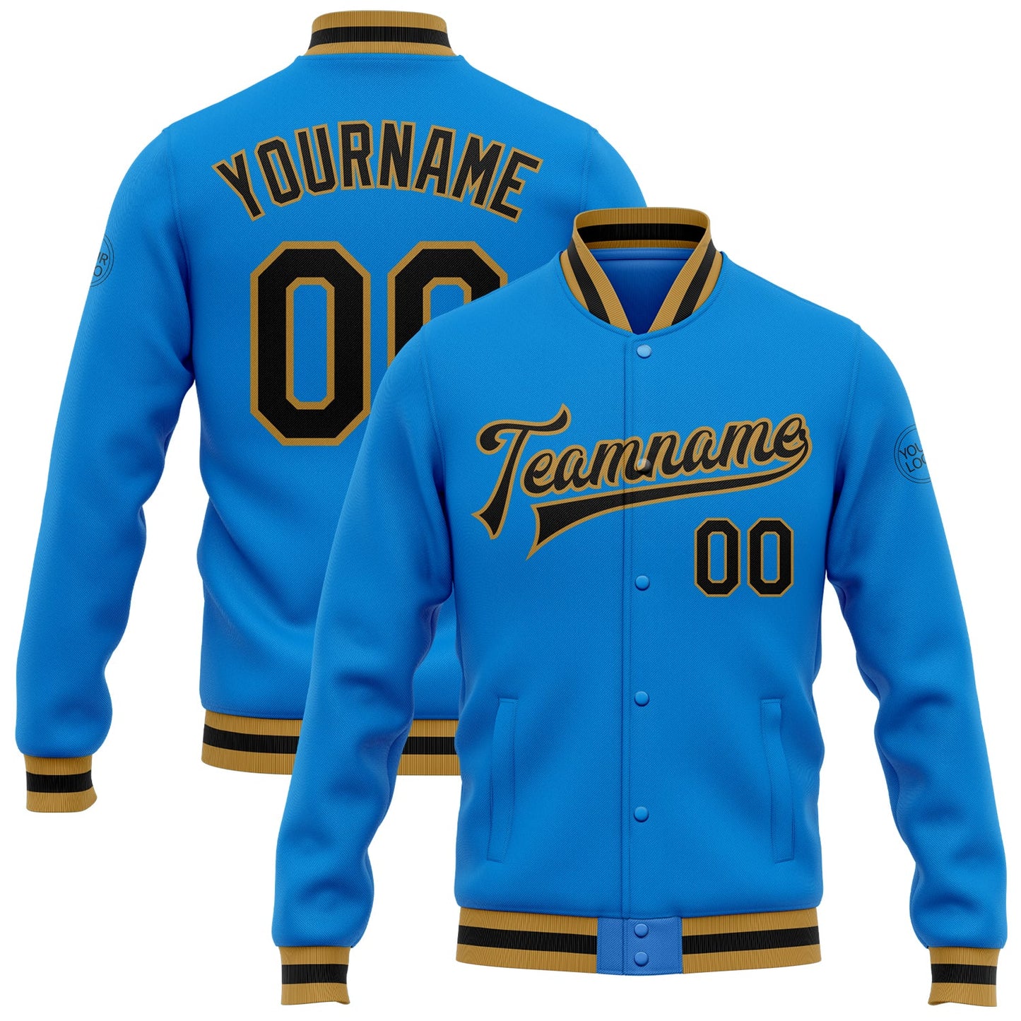 Custom Powder Blue Black-Old Gold Bomber Full-Snap Varsity Letterman Jacket - Main View