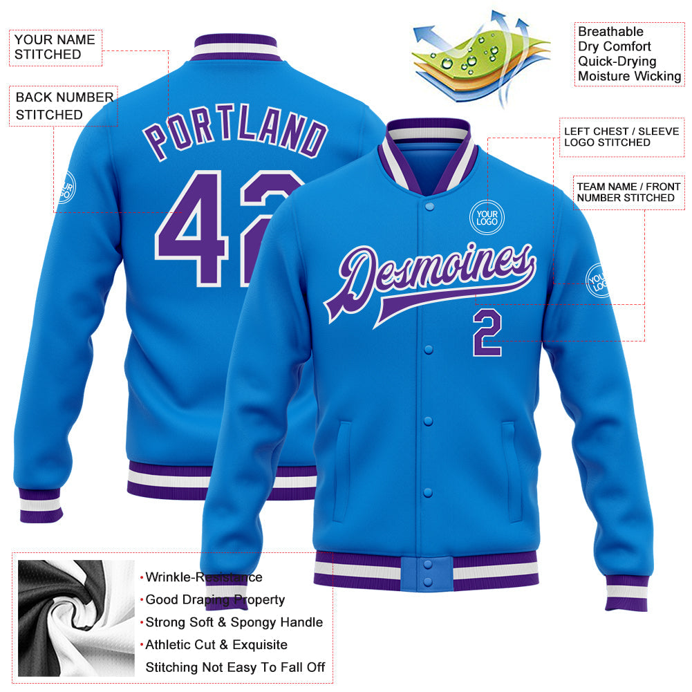 Custom Powder Blue Purple-White Bomber Full-Snap Varsity Letterman Jacket view 5