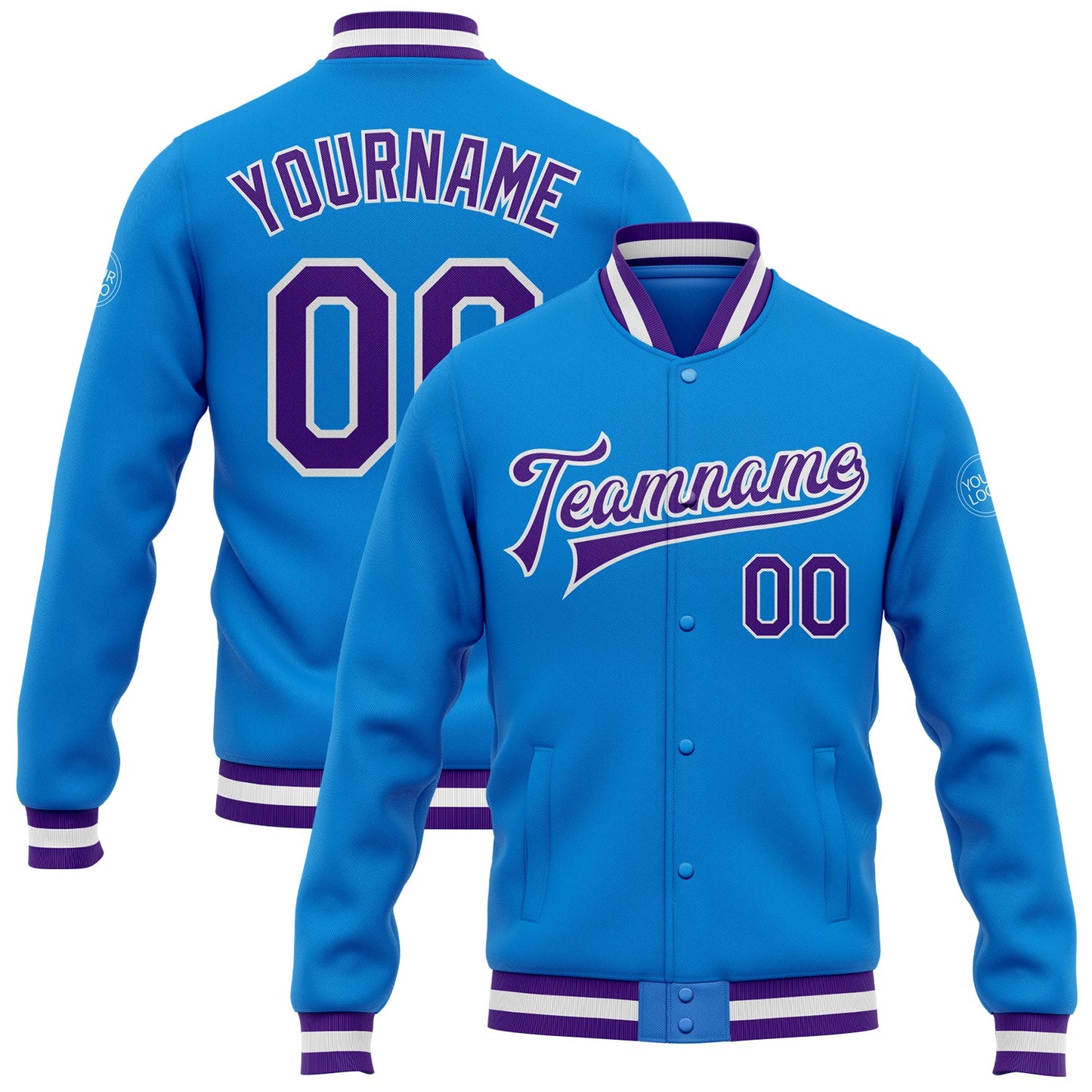 Custom Powder Blue Purple-White Bomber Full-Snap Varsity Letterman Jacket - Main View