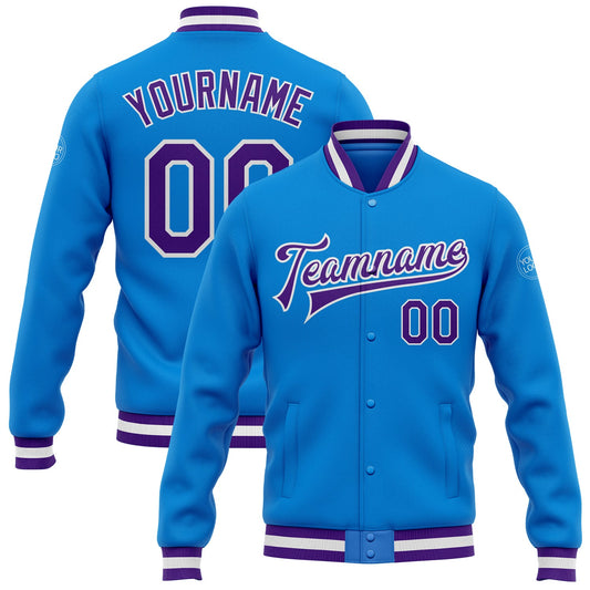 Custom Powder Blue Purple-White Bomber Full-Snap Varsity Letterman Jacket - Main View