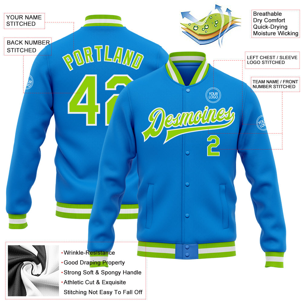 Custom Powder Blue Neon Green-White Bomber Full-Snap Varsity Letterman Jacket view 5