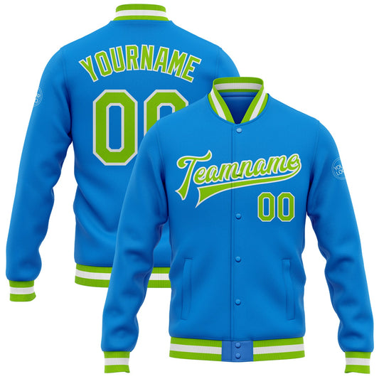 Custom Powder Blue Neon Green-White Bomber Full-Snap Varsity Letterman Jacket - Main View