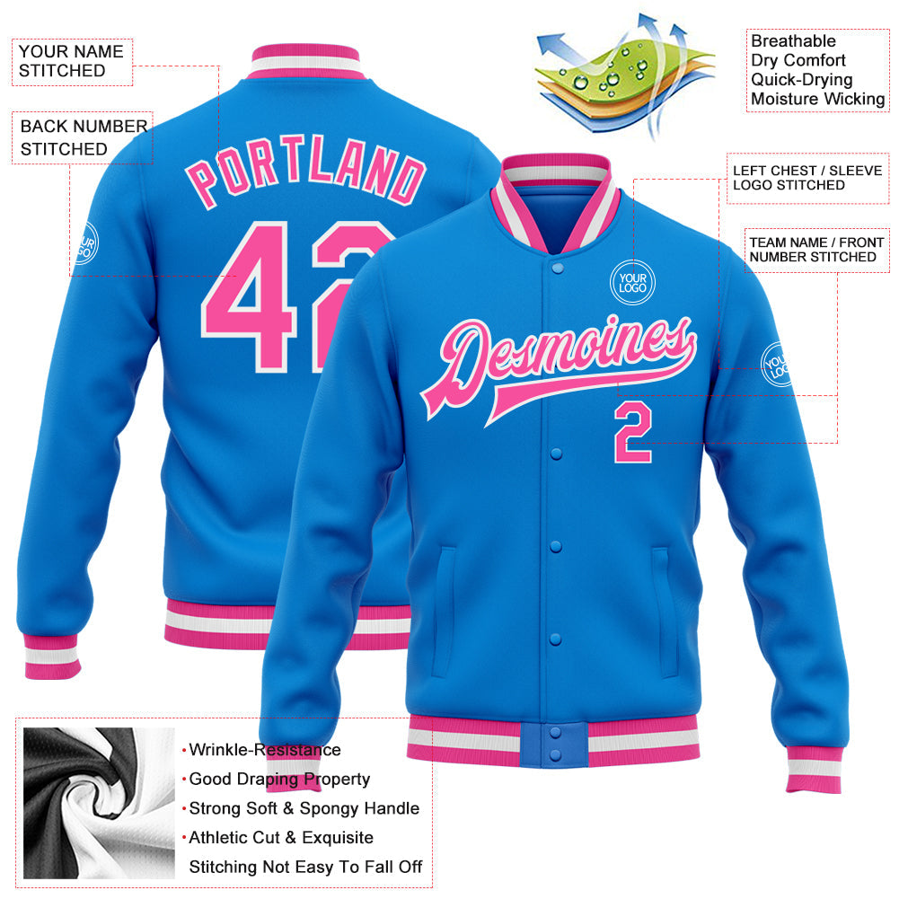 Custom Powder Blue Pink-White Bomber Full-Snap Varsity Letterman Jacket view 5