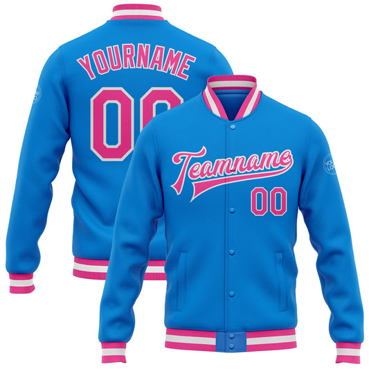 Custom Powder Blue Pink-White Bomber Full-Snap Varsity Letterman Jacket - Main View