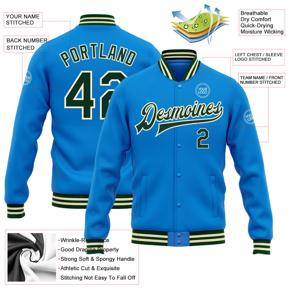 Custom Powder Blue Green-Cream Bomber Full-Snap Varsity Letterman Jacket view 5