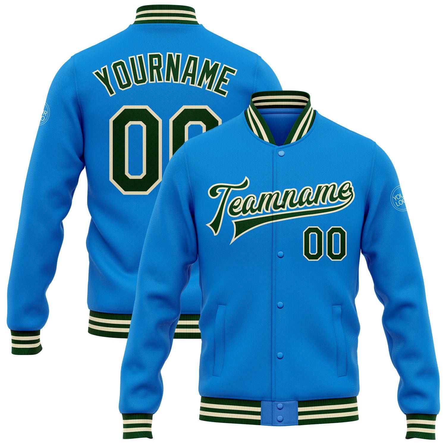 Custom Powder Blue Green-Cream Bomber Full-Snap Varsity Letterman Jacket - Main View