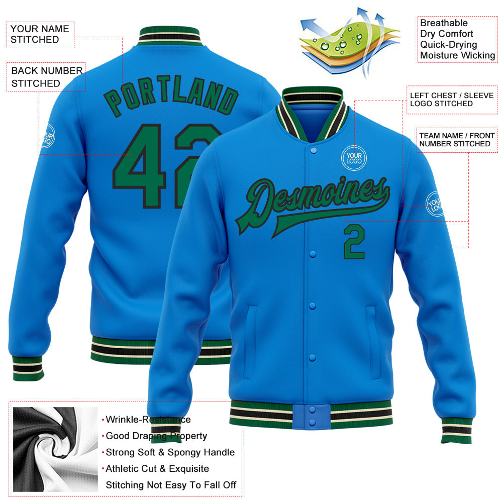 Custom Powder Blue Kelly Green Black-Cream Bomber Full-Snap Varsity Letterman Jacket view 5