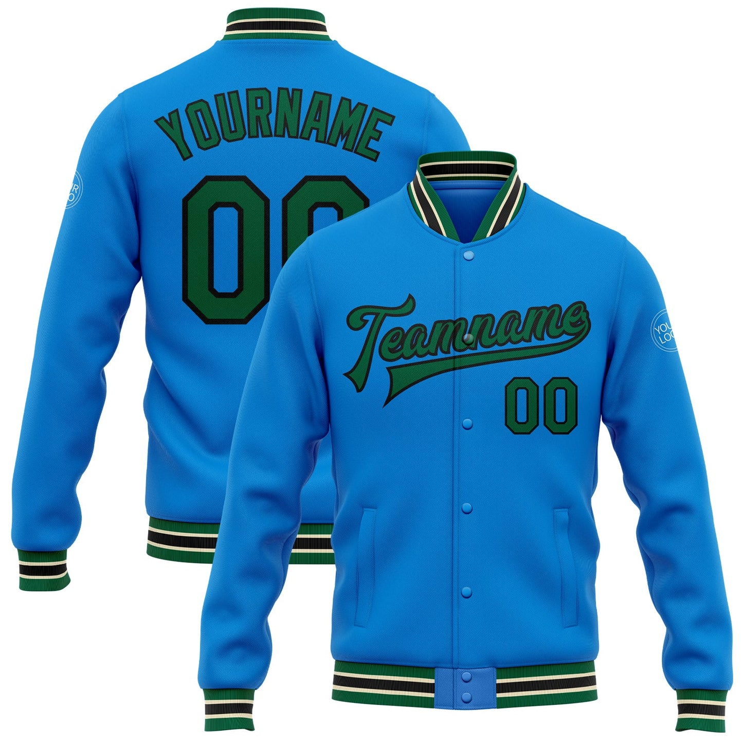 Custom Powder Blue Kelly Green Black-Cream Bomber Full-Snap Varsity Letterman Jacket - Main View