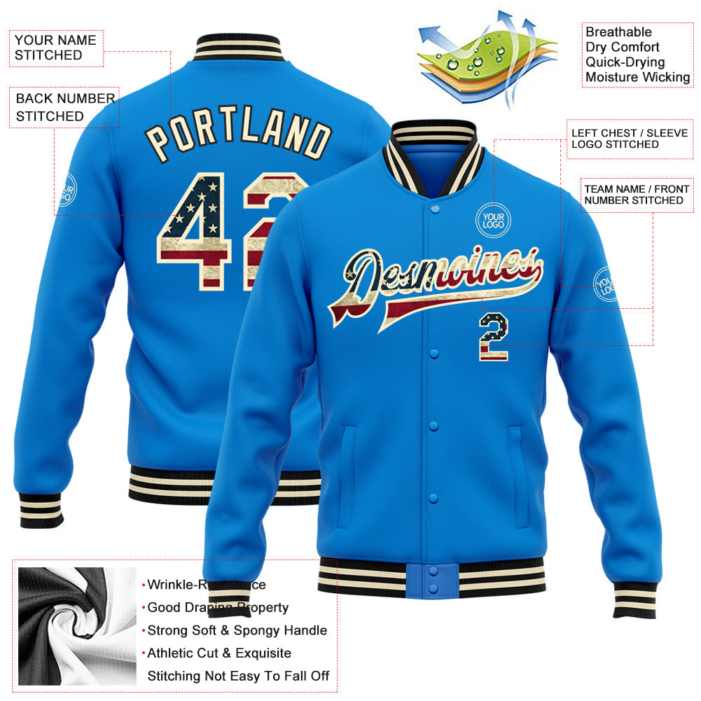 Custom Powder Blue Vintage USA Flag Cream-Black Bomber Full-Snap Varsity Letterman Jacket view 5