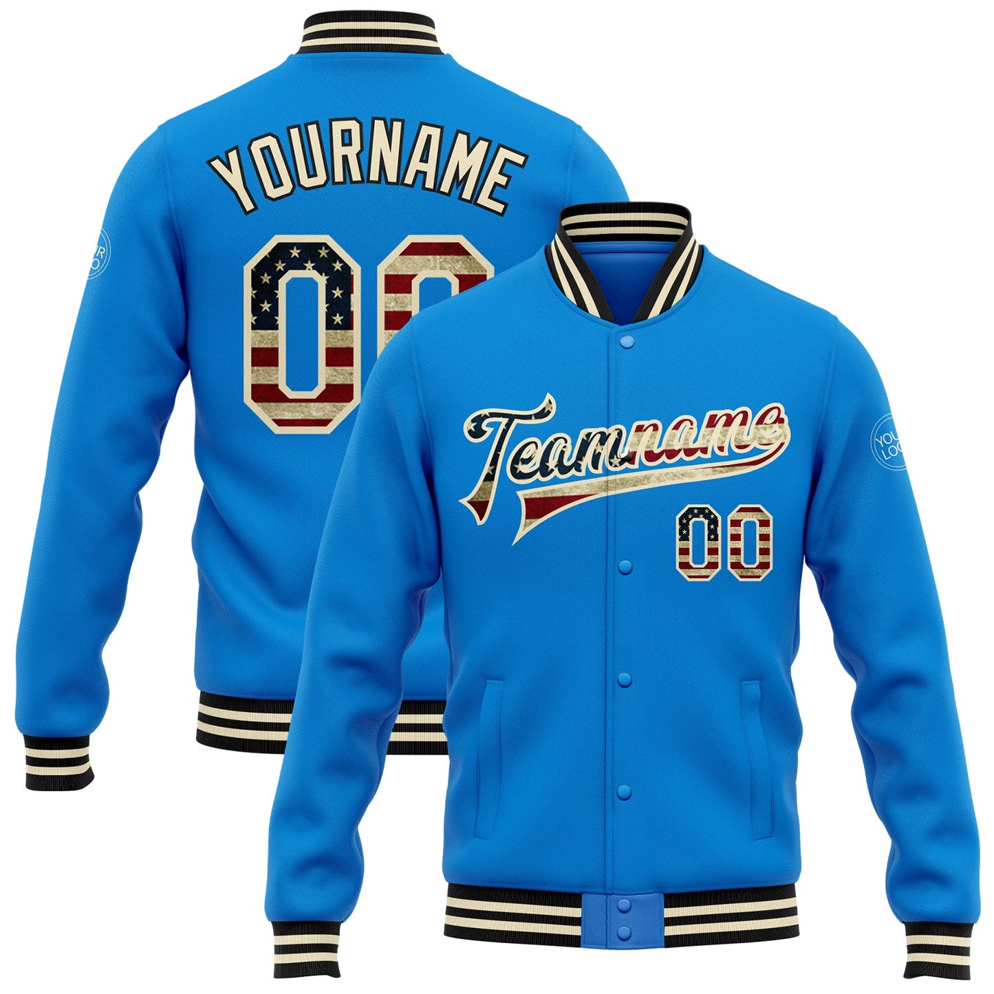 Custom Powder Blue Vintage USA Flag Cream-Black Bomber Full-Snap Varsity Letterman Jacket - Main View