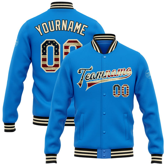 Custom Powder Blue Vintage USA Flag Cream-Black Bomber Full-Snap Varsity Letterman Jacket - Main View
