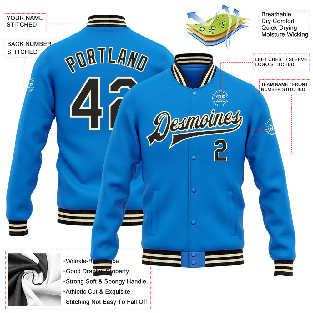 Custom Powder Blue Black-Cream Bomber Full-Snap Varsity Letterman Jacket view 5