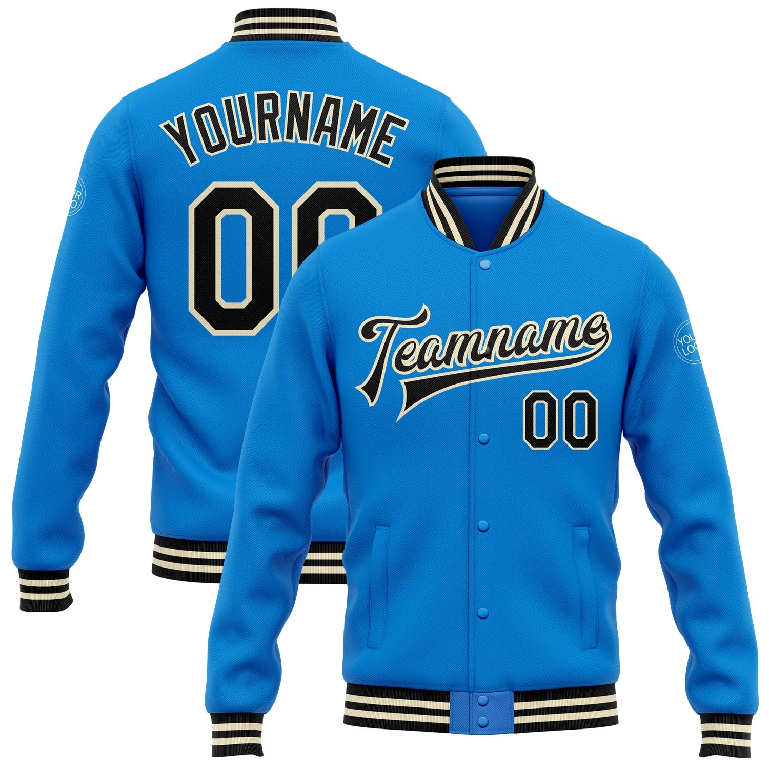Custom Powder Blue Black-Cream Bomber Full-Snap Varsity Letterman Jacket - Main View