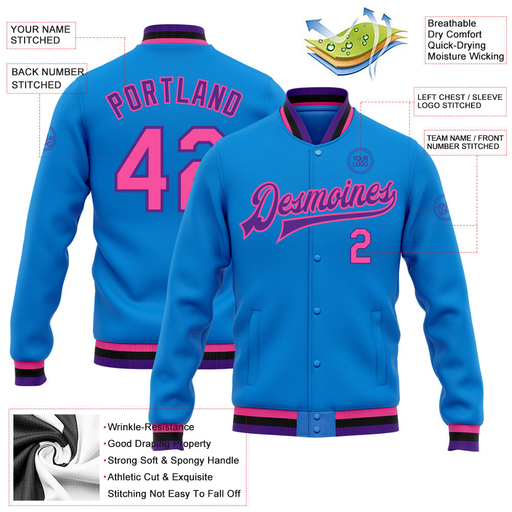 Custom Powder Blue Pink Purple-Black Bomber Full-Snap Varsity Letterman Jacket view 5
