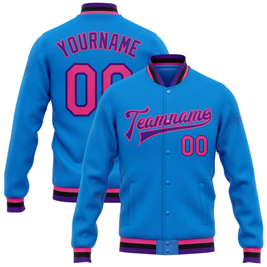 Custom Powder Blue Pink Purple-Black Bomber Full-Snap Varsity Letterman Jacket - Main View