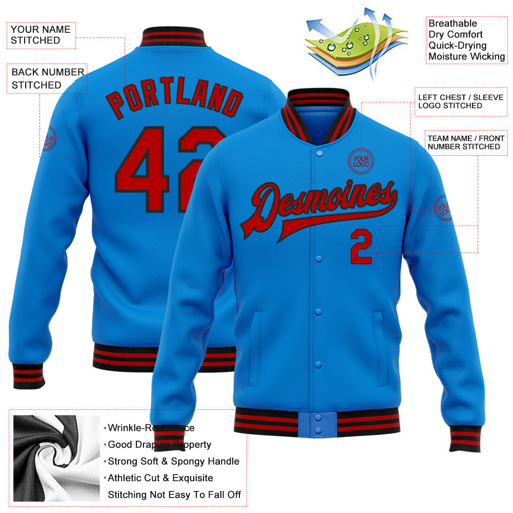 Custom Powder Blue Red-Black Bomber Full-Snap Varsity Letterman Jacket view 5