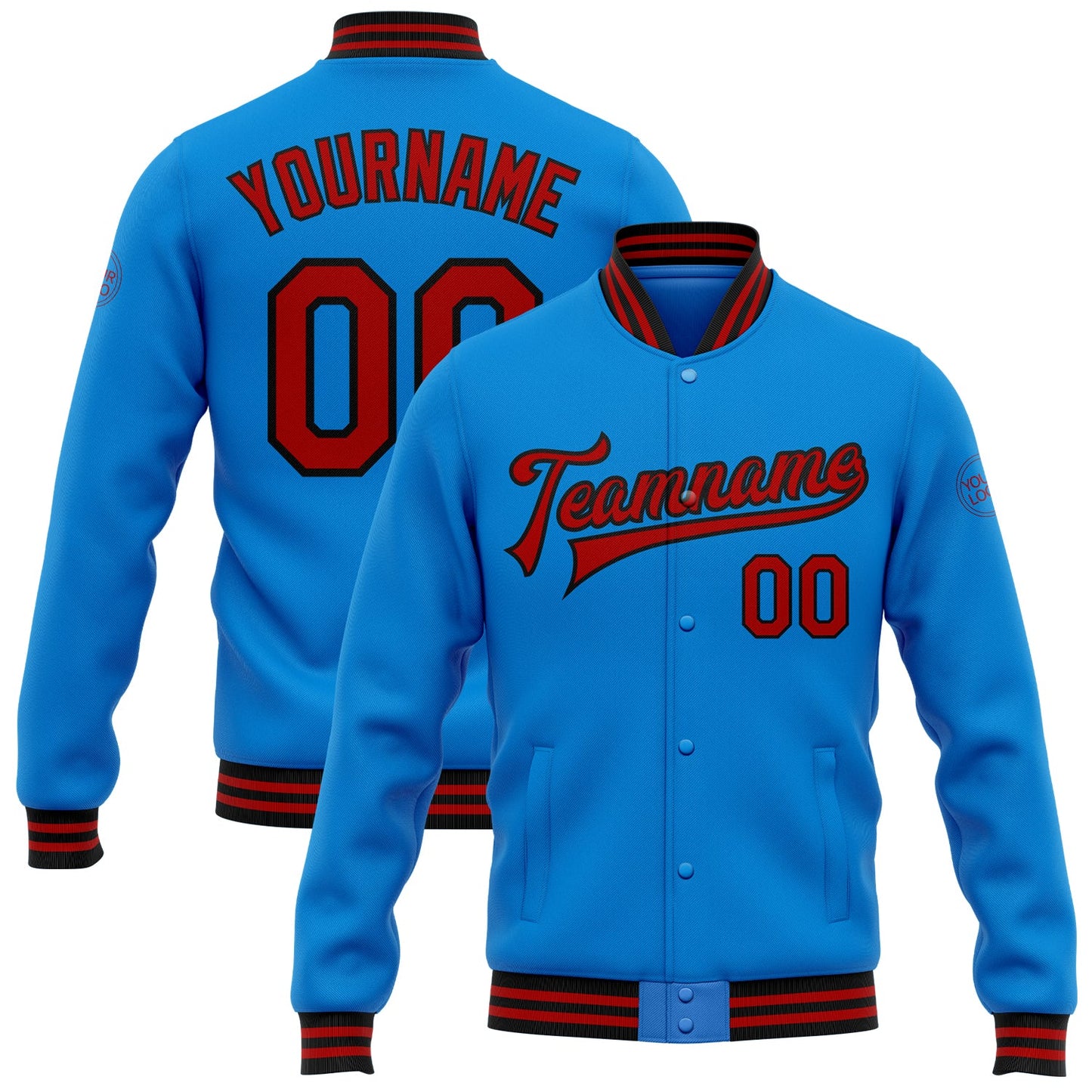 Custom Powder Blue Red-Black Bomber Full-Snap Varsity Letterman Jacket - Main View