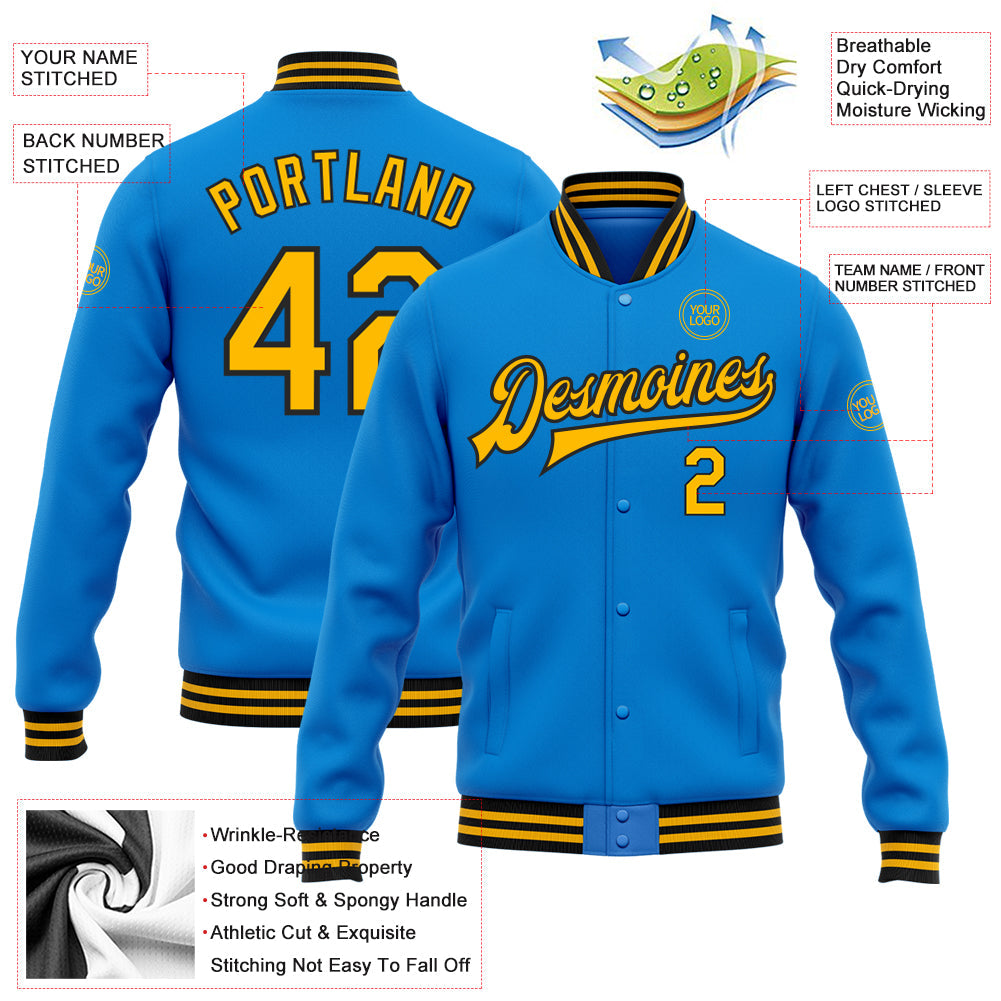 Custom Powder Blue Gold-Black Bomber Full-Snap Varsity Letterman Jacket view 5