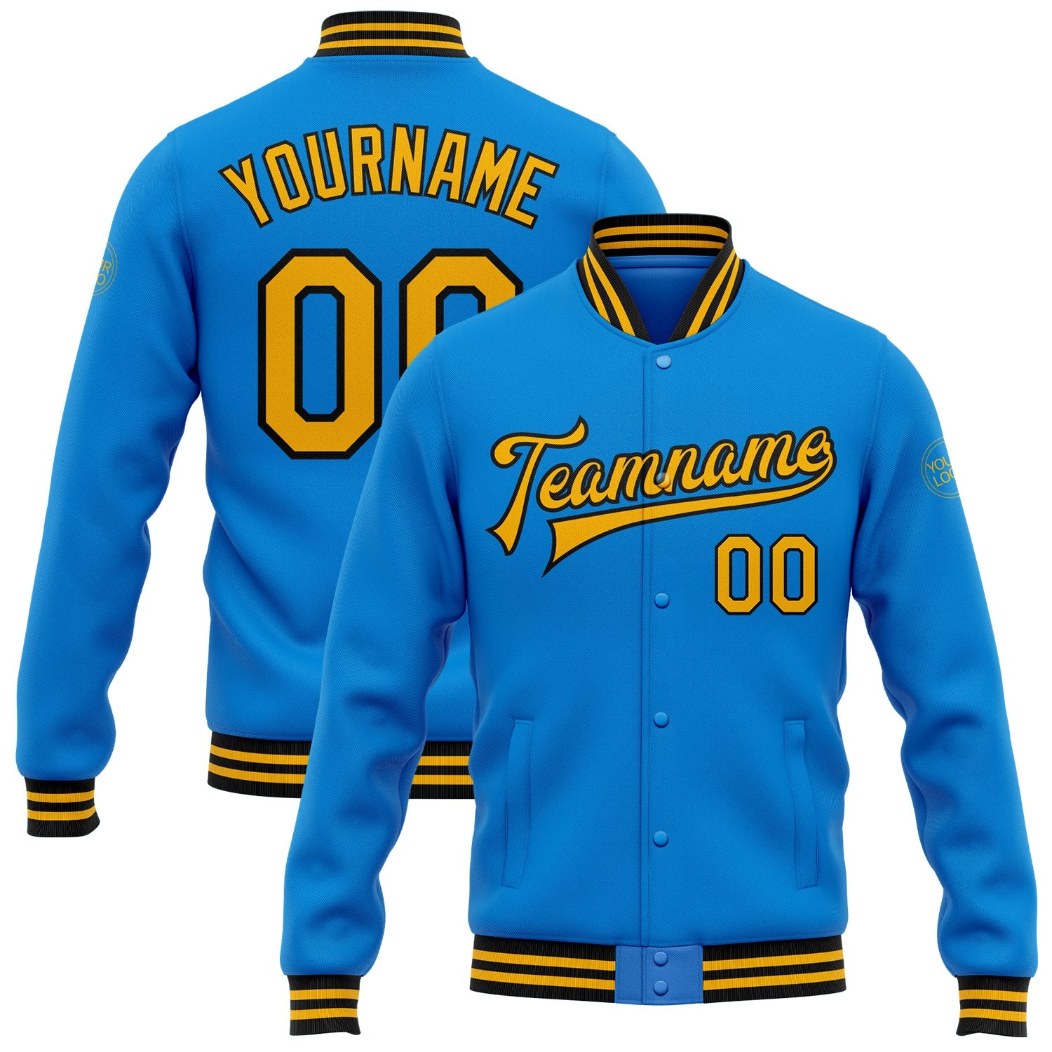 Custom Powder Blue Gold-Black Bomber Full-Snap Varsity Letterman Jacket - Main View
