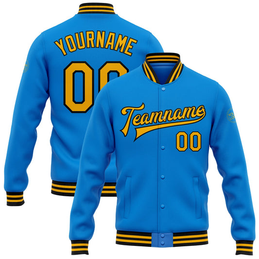 Custom Powder Blue Gold-Black Bomber Full-Snap Varsity Letterman Jacket - Main View