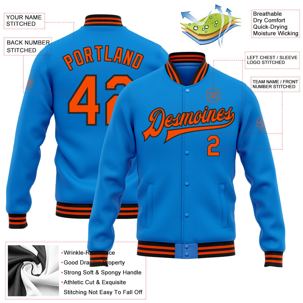 Custom Powder Blue Orange-Black Bomber Full-Snap Varsity Letterman Jacket view 5