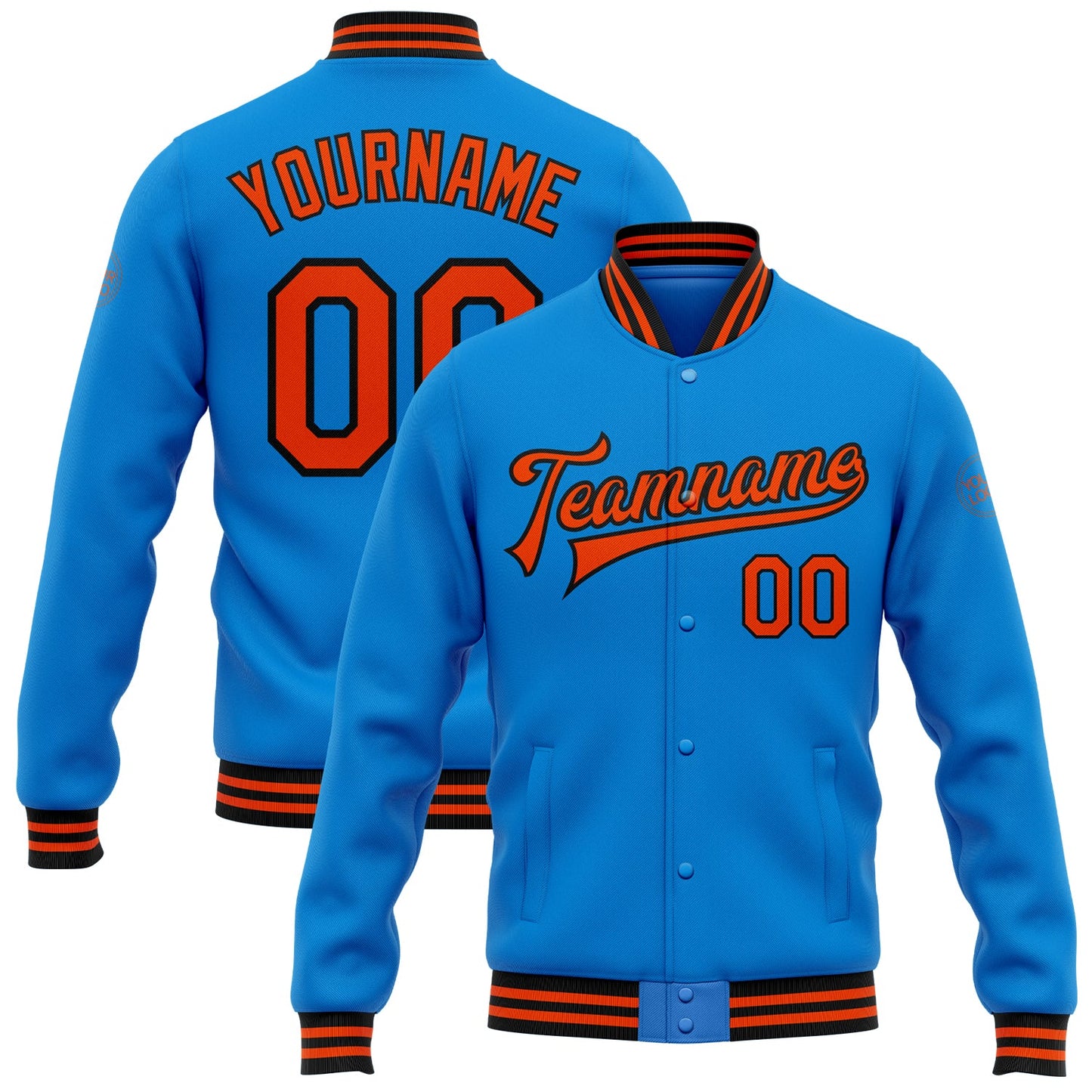 Custom Powder Blue Orange-Black Bomber Full-Snap Varsity Letterman Jacket - Main View