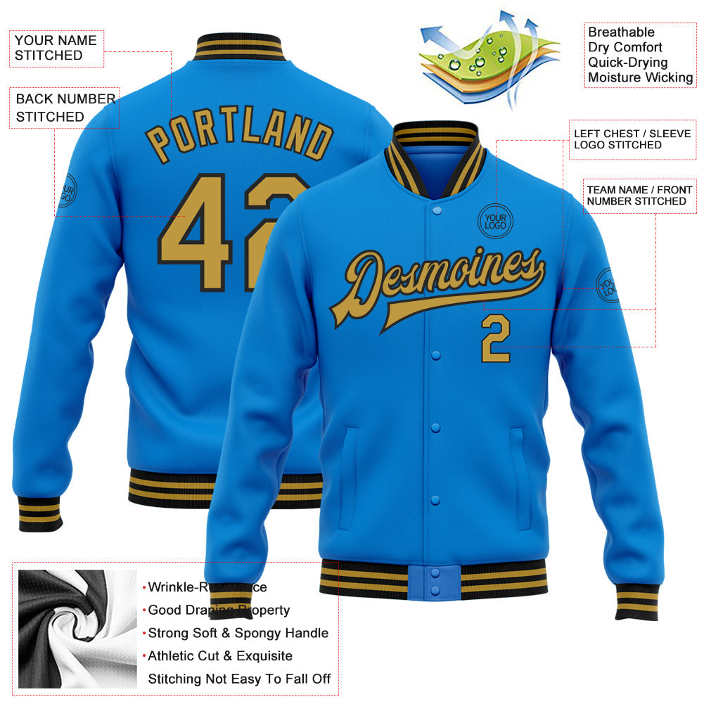 Custom Powder Blue Old Gold-Black Bomber Full-Snap Varsity Letterman Jacket view 5