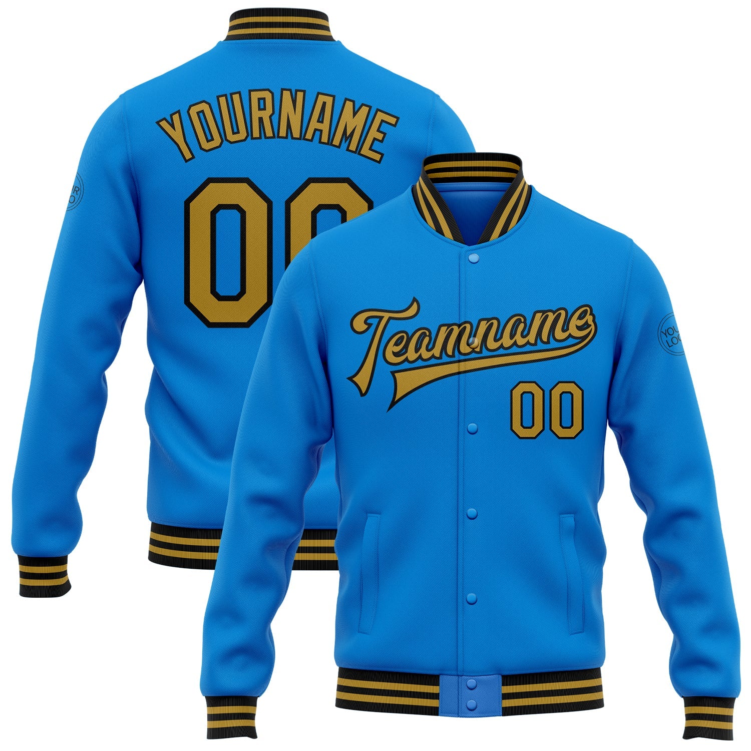 Custom Powder Blue Old Gold-Black Bomber Full-Snap Varsity Letterman Jacket - Main View