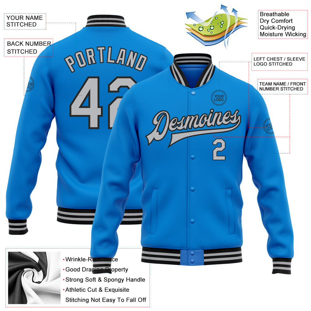 Custom Powder Blue Gray-Black Bomber Full-Snap Varsity Letterman Jacket view 5