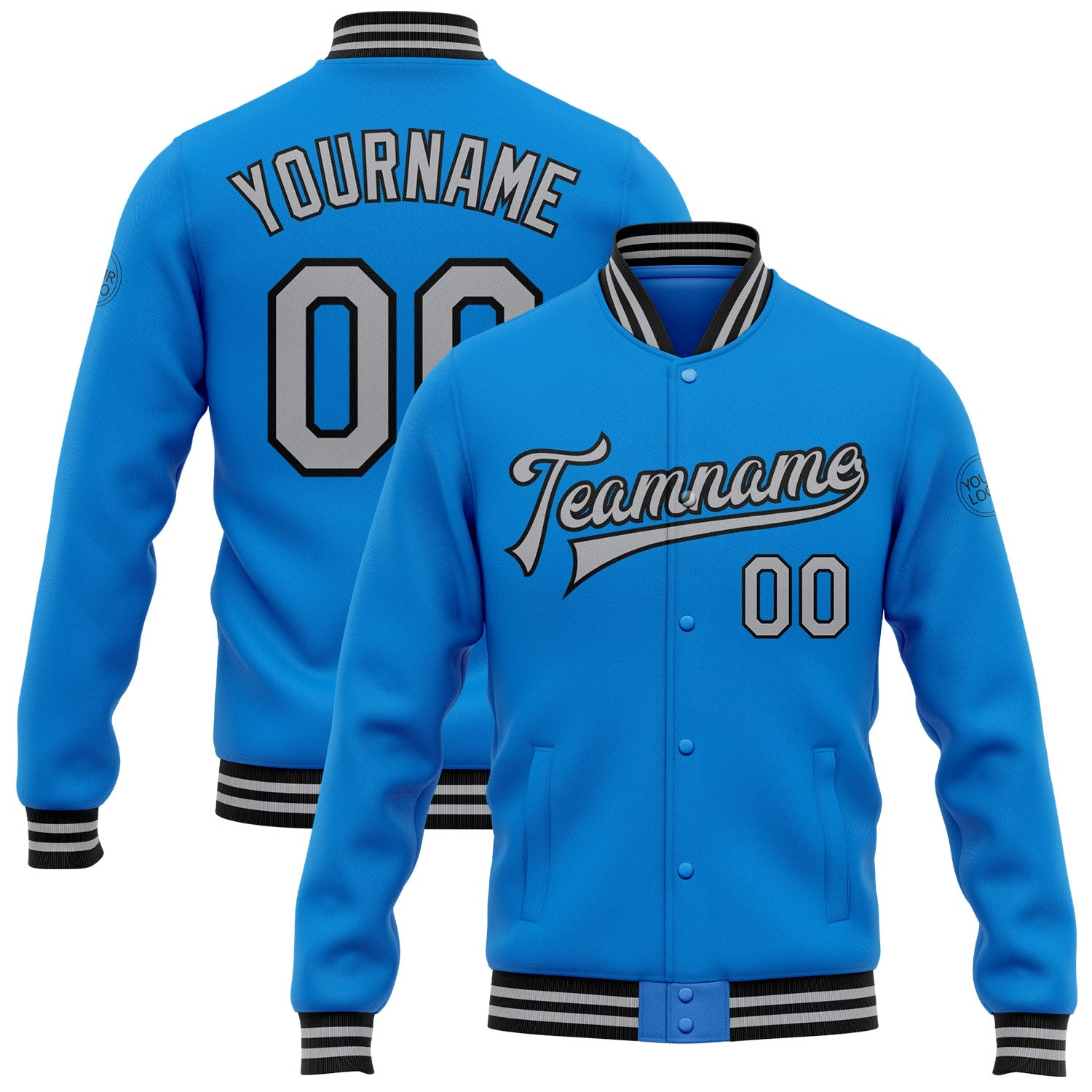 Custom Powder Blue Gray-Black Bomber Full-Snap Varsity Letterman Jacket - Main View