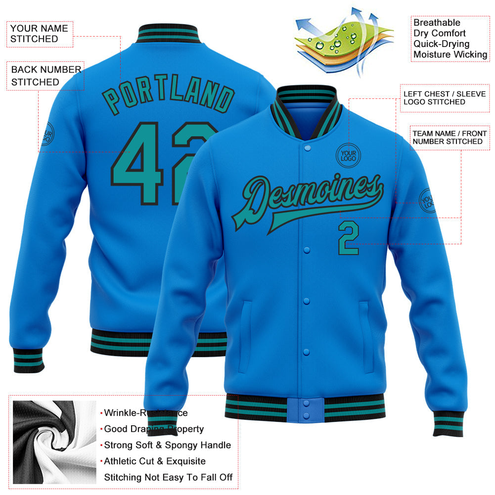 Custom Powder Blue Teal-Black Bomber Full-Snap Varsity Letterman Jacket view 5