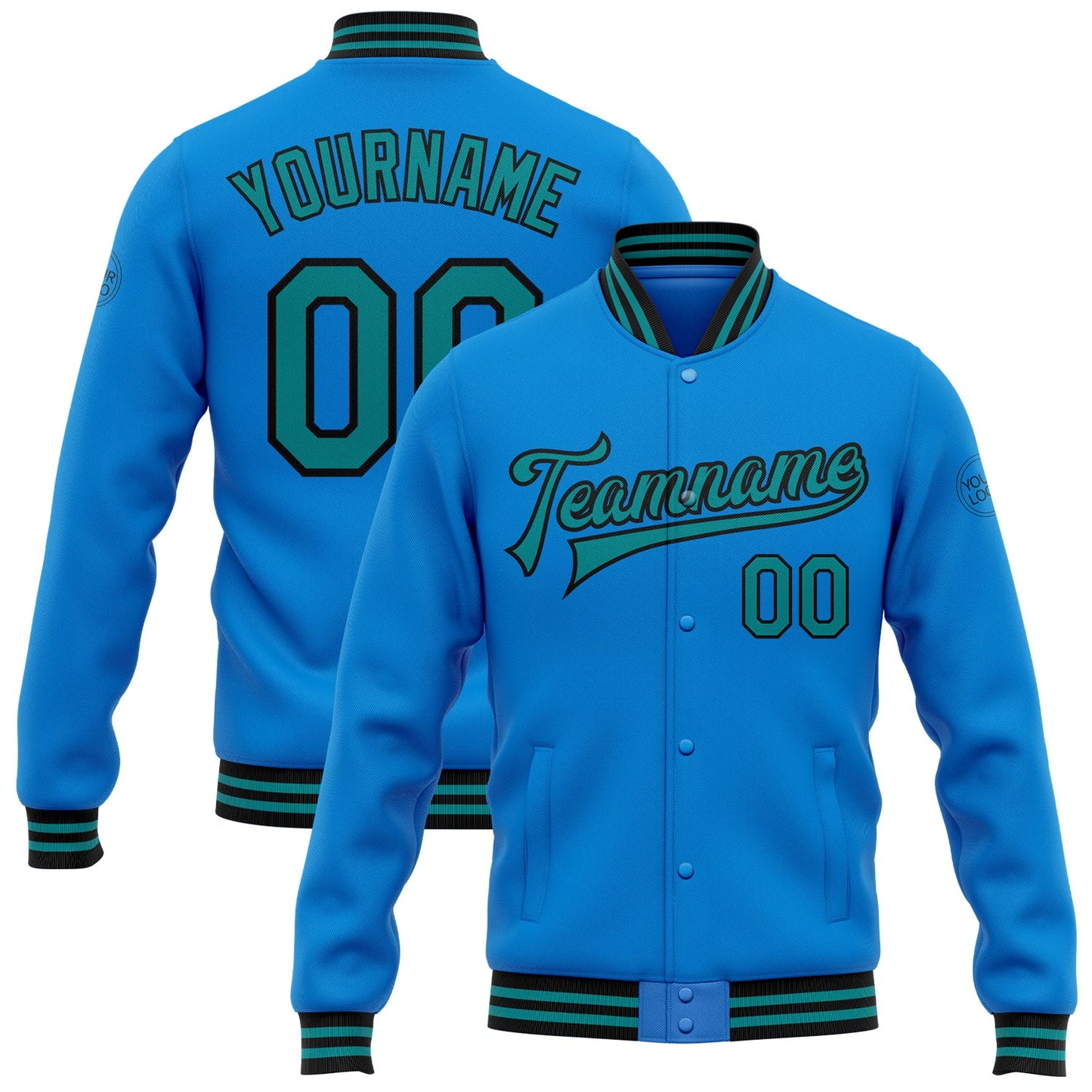 Custom Powder Blue Teal-Black Bomber Full-Snap Varsity Letterman Jacket - Main View